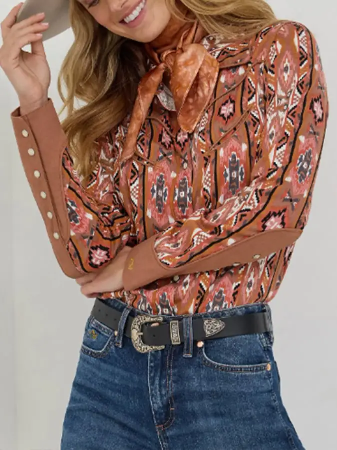 Women's Vintage Western Art Print Casual Linen Shirt