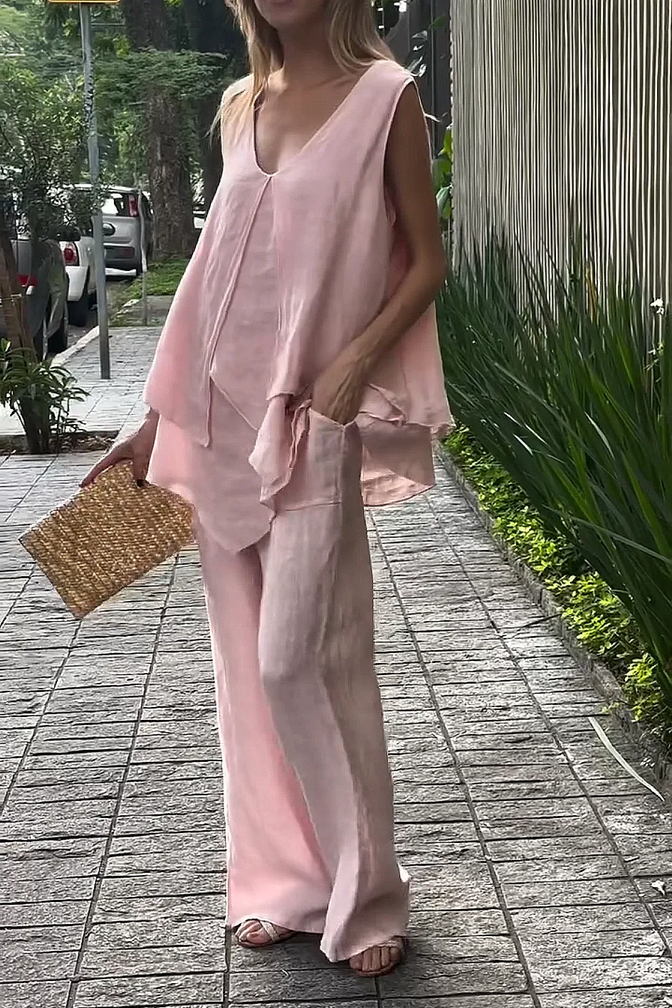 Women'S Solid Color Cotton And Linen Casual Top And Pants Two-Piece Set