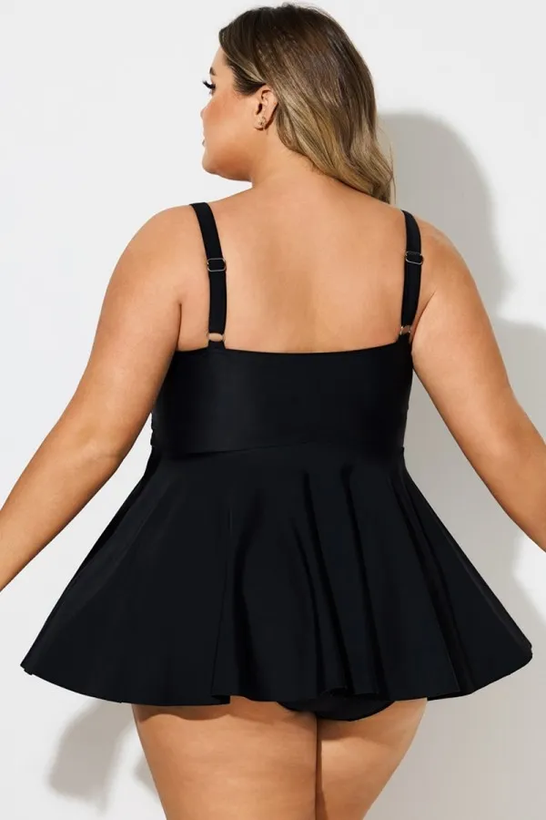 Plus Size Black Contrast Mesh Sweetheart Neck Swimdress