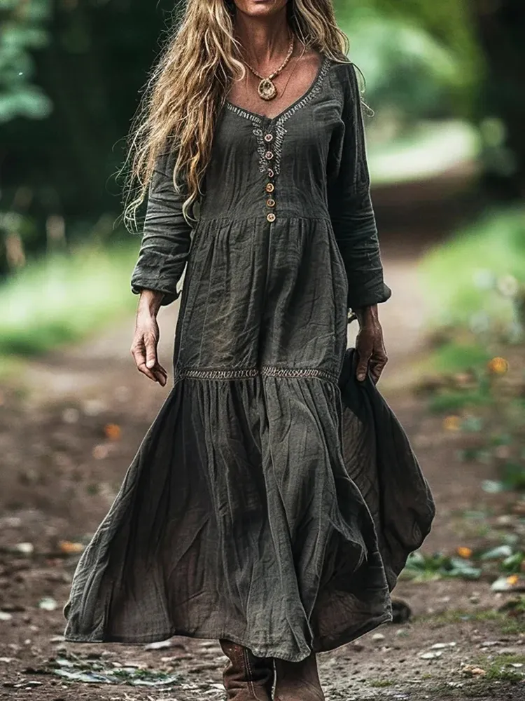 Women's Bohemian V-neck Linen Blend Midi Dress