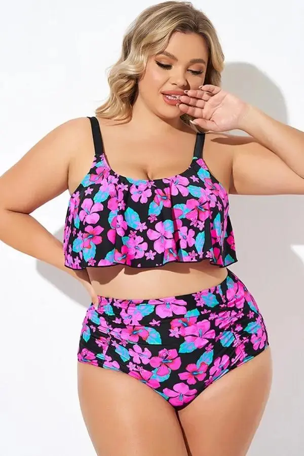 Flower Print Ruffle Scoop Neck Bikini Top