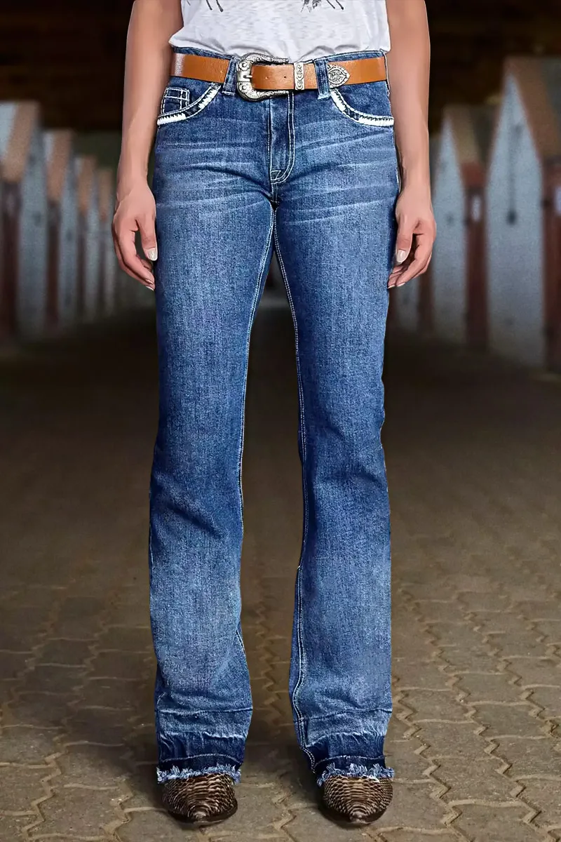 Wash Stitch Detail Raw Hem Mid Rise Bootcut Jeans Without Belt