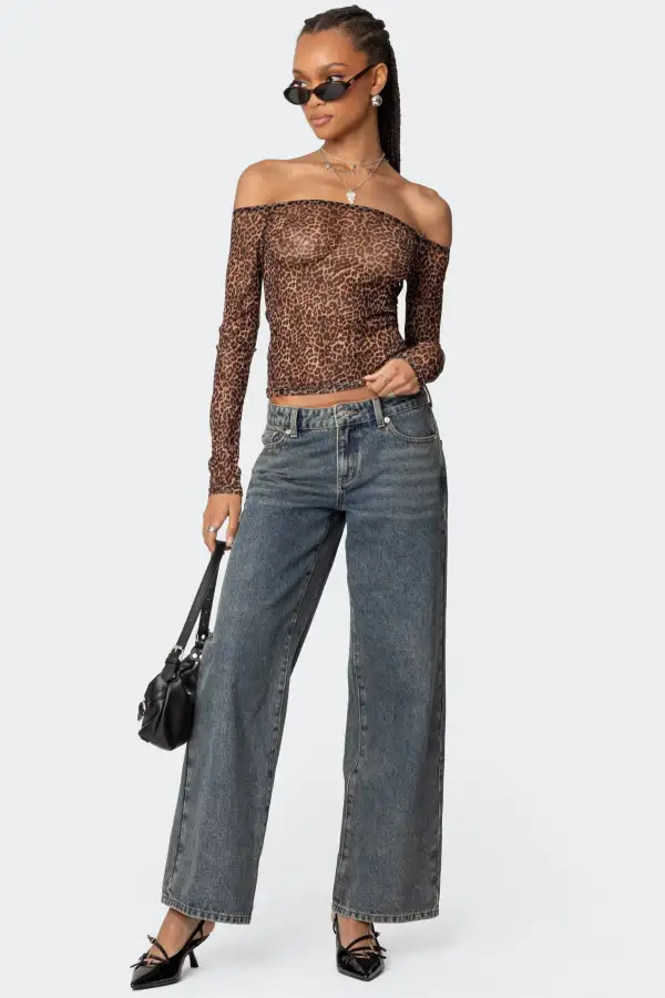 Leopard Sheer Mesh Off Shoulder Top