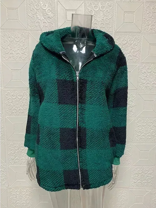 Women's Fleece Jacket Fleece Basic Pocket Zip Up Black Light Green Red Plaid Street Casual Hoodie Long Sleeve Top Micro-elastic Fall & Winter