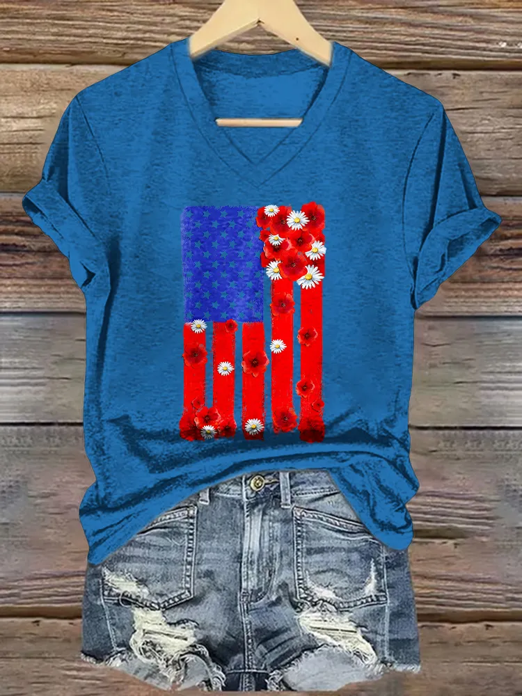 Women'S T-Shirt With National Flag Pattern Printed Pure Cotton V-Neck Short-Sleeved T-Shirt