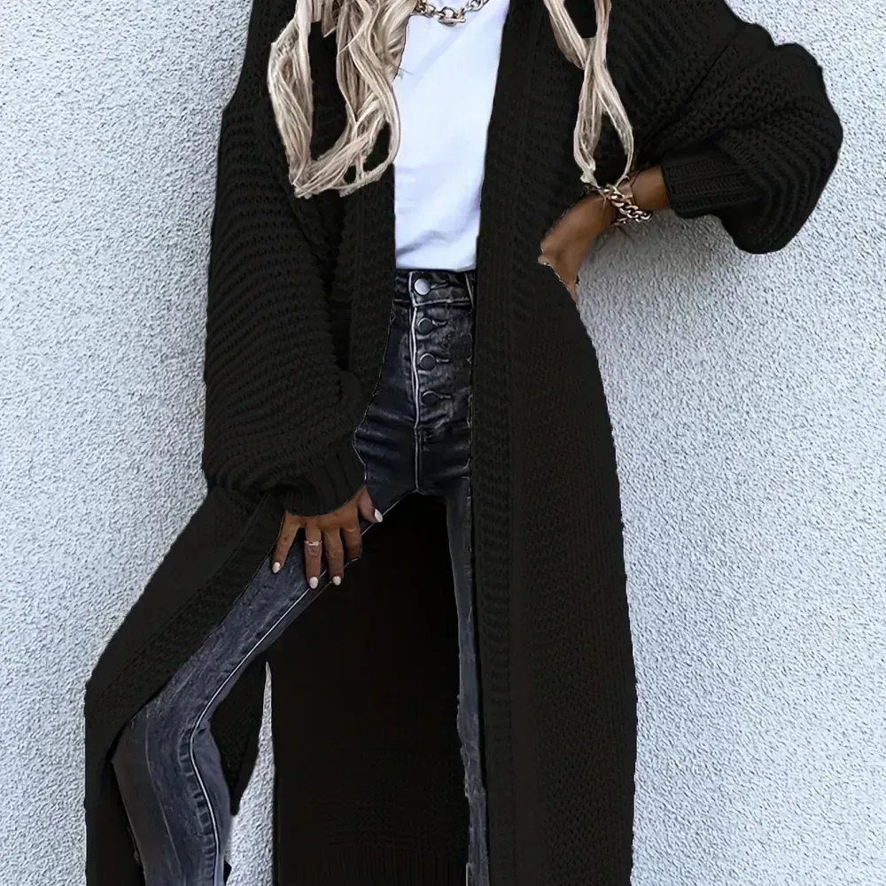 Solid Open Front Side Split Cardigan, Casual Long Sleeve Cardigan For Spring & Fall, Women's Clothing