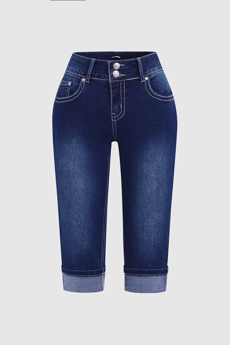 Double Button Flap Pocket Rolled Hem Low Rise Capri Jeans