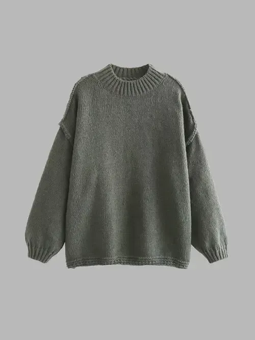 Exposed Seam Round Neck Long Sleeve Sweater AC