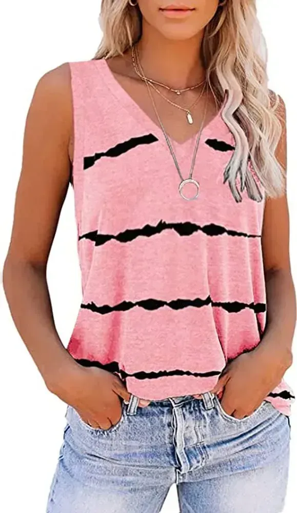 Summer Tops for Women Sleeveless V Neck Tshirt Loose Fit Casual Tank Tunic Blouse