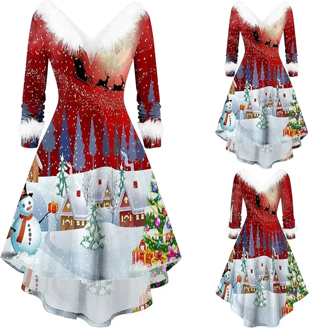 Womens Christmas Dress Fuzzy Mrs Claus Christmas Holiday Xmas Cocktail Holiday Party Flare Dress