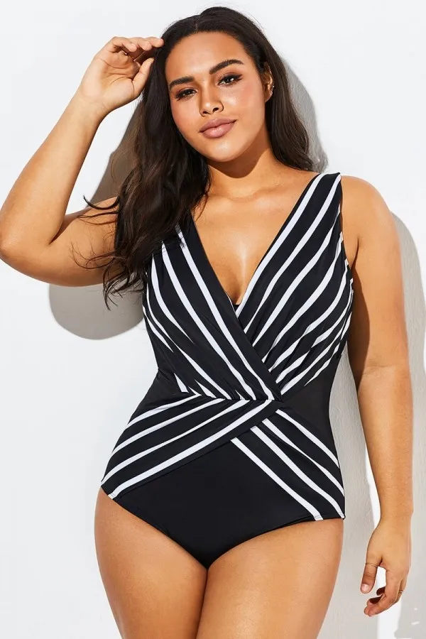 Black V-Neck Streak Modern One Piece Swimsuit