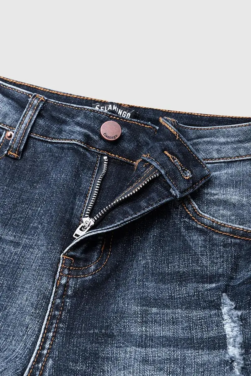 Ripped Rolled Hem Denim Bermuda Shorts Without Belt
