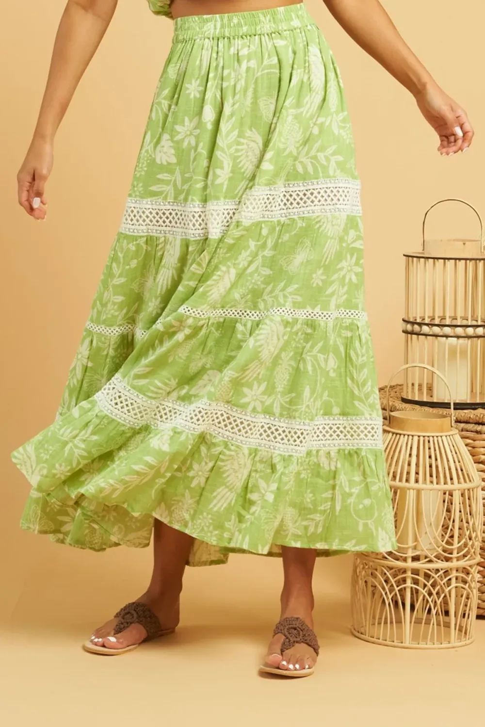 Light Green And White Lace Trimmed Maxi Skirt