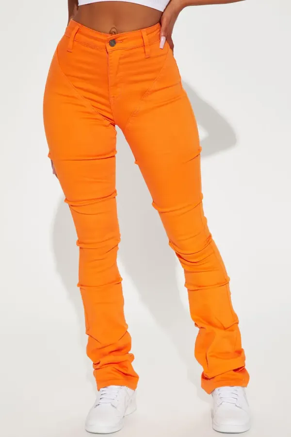 See Me High Rise Stacked Straight Leg Jeans - Orange