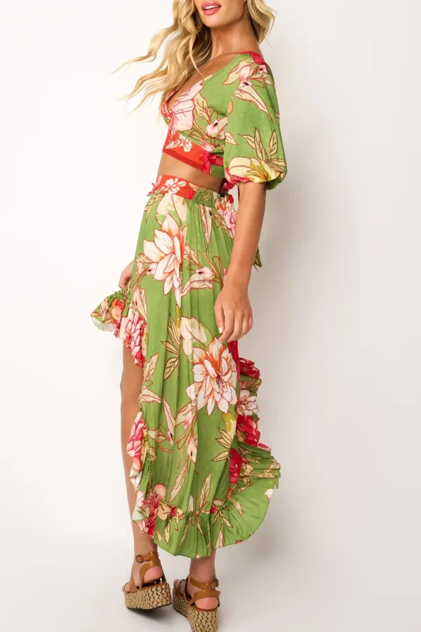 Green And Red Floral Print Asymmetrical Maxi Skirt