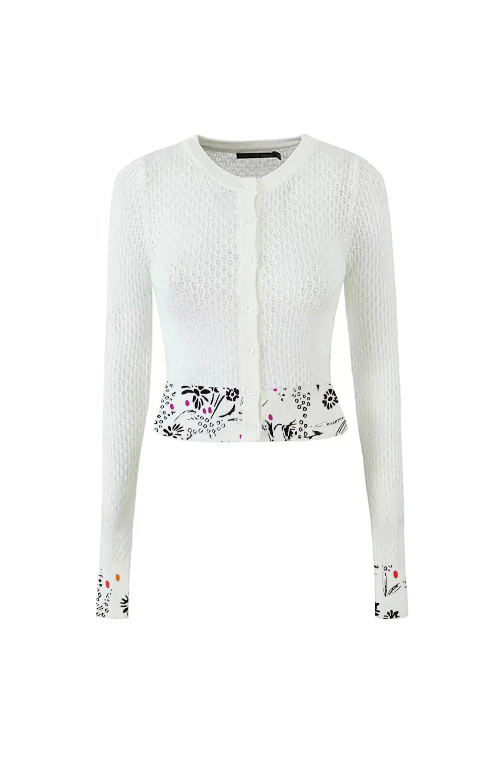 Preppy Crew Neck Button Up Long Sleeve Pointelle Knit Cropped Cardigan