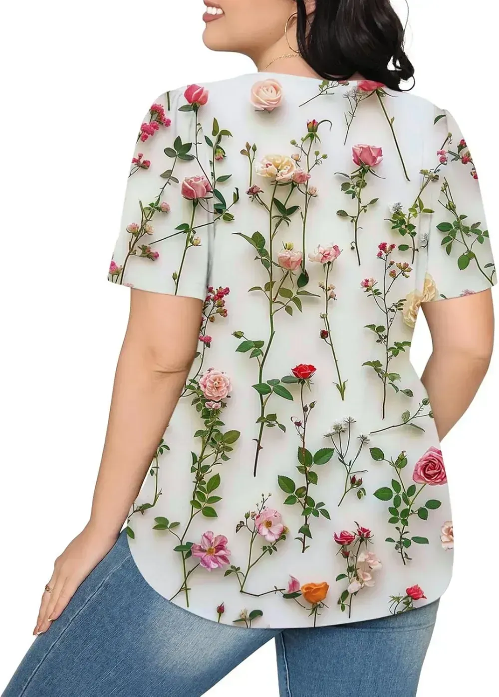 Womens Summer Pleated Front Shirts Tunics Casual Short Sleeved Loose Round Neck Boho Printed Tops Vacation Blouse