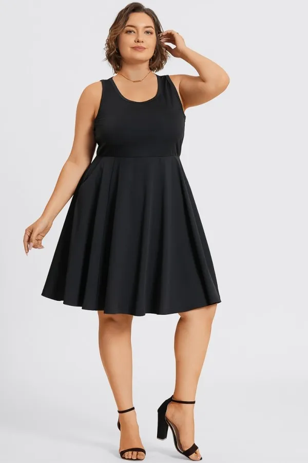 Square Neck Sleeveless Front Pocket Skater Midi Dress