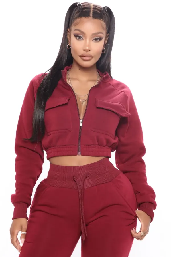 Crop Jacket Jogger Pant Fleece Set - Burgundy