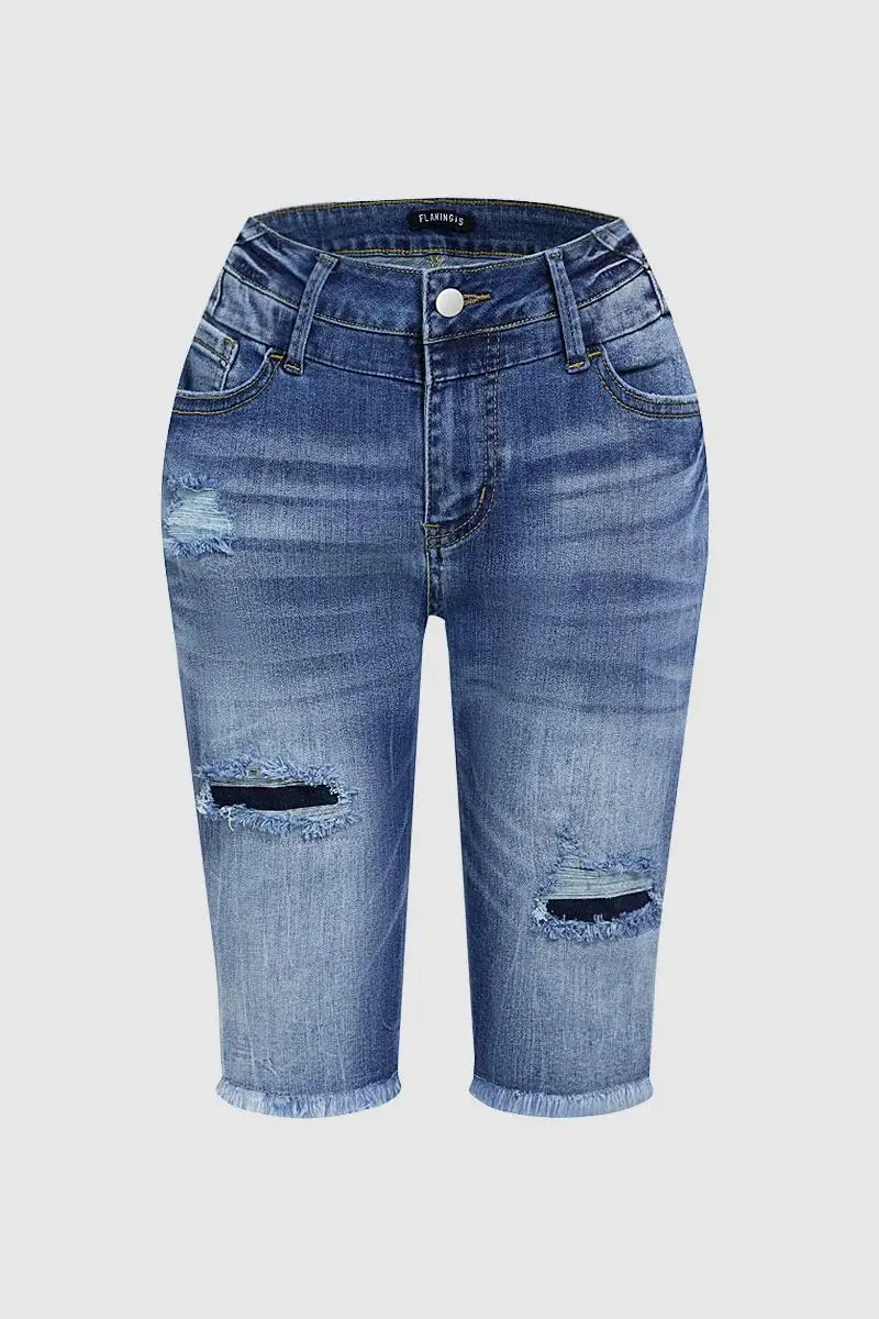 Ripped Raw Hem Mid Rise Denim Bermuda Shorts