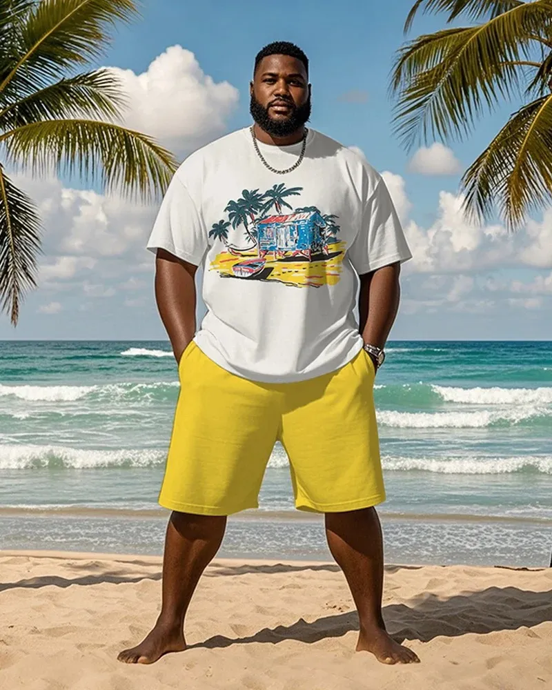 Big & Tall Men's Coconut Beach Graffiti Print Round Neck T-Shirt and Shorts Suit