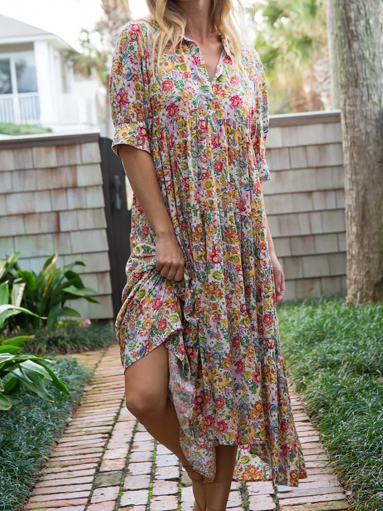 Women's Casual Floral Print Cotton And Linen Dress