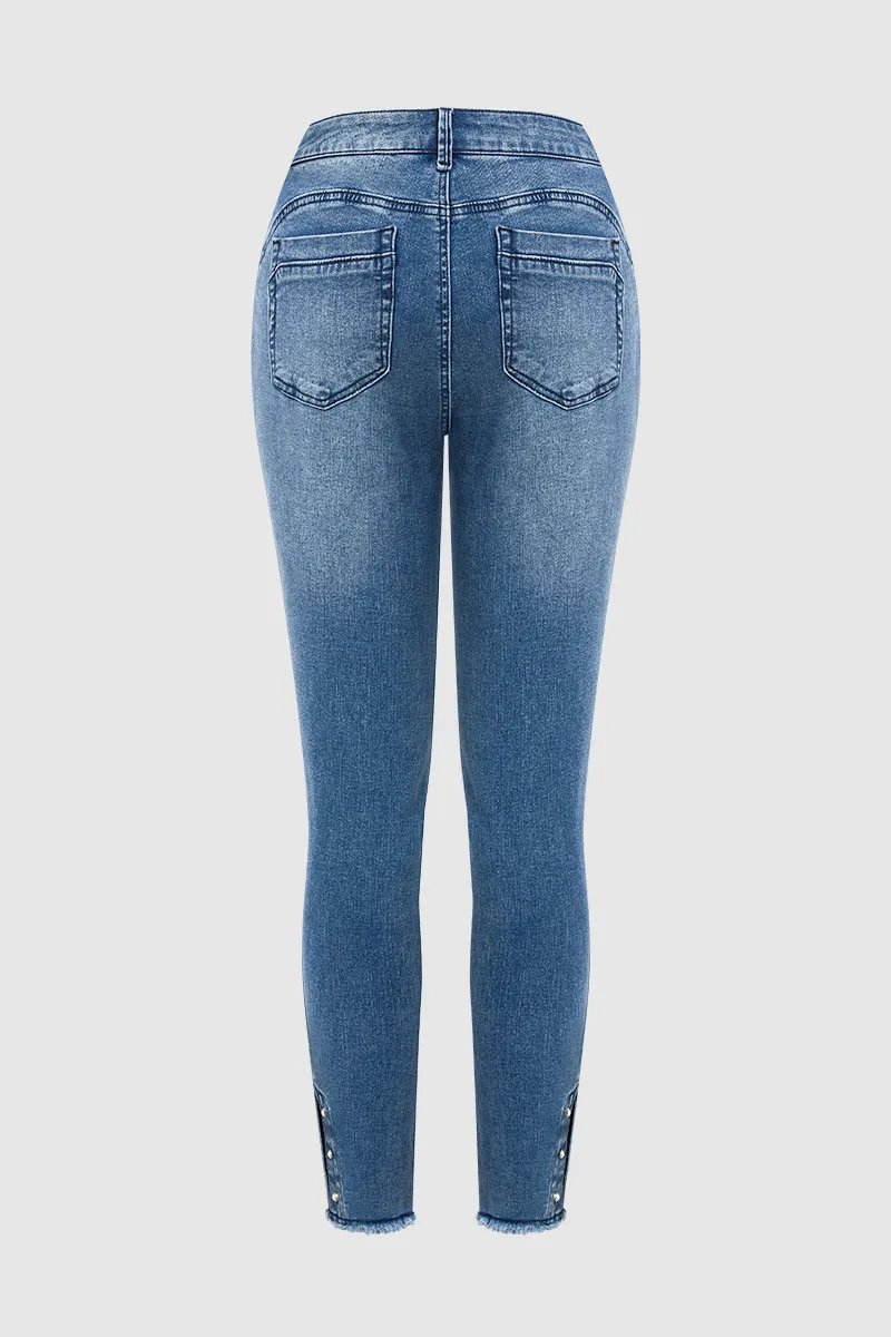 Button Side Raw Hem High Waist Skinny Jeans