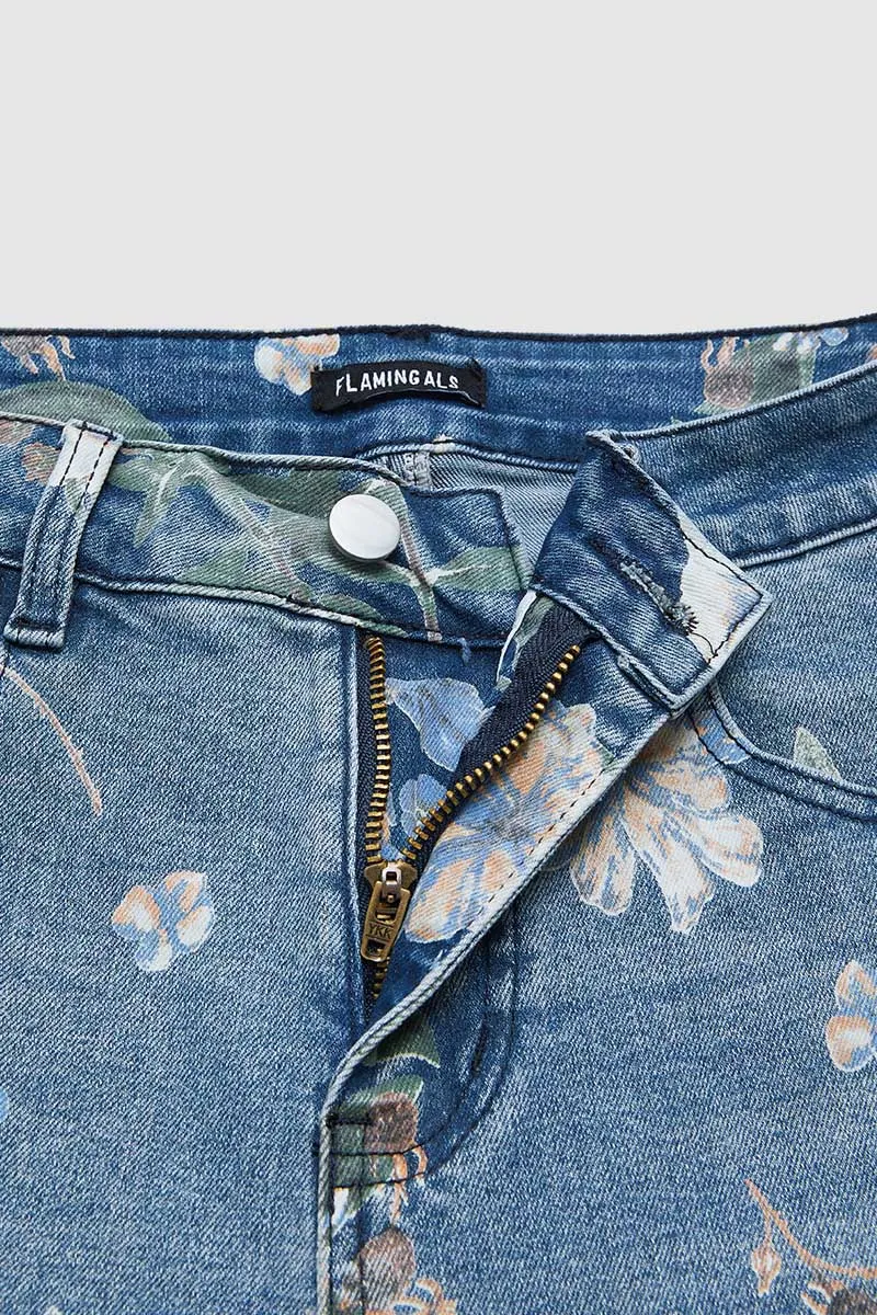 Floral Print High Rise Straight Leg Denim Bermuda Shorts