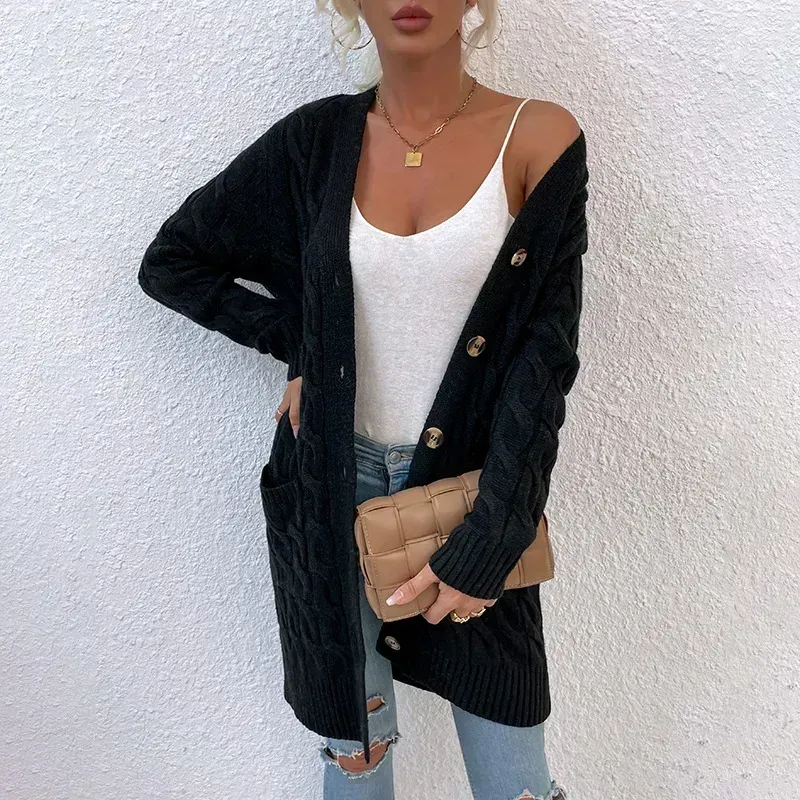 New long coat twist rope solid color cardigan sweater