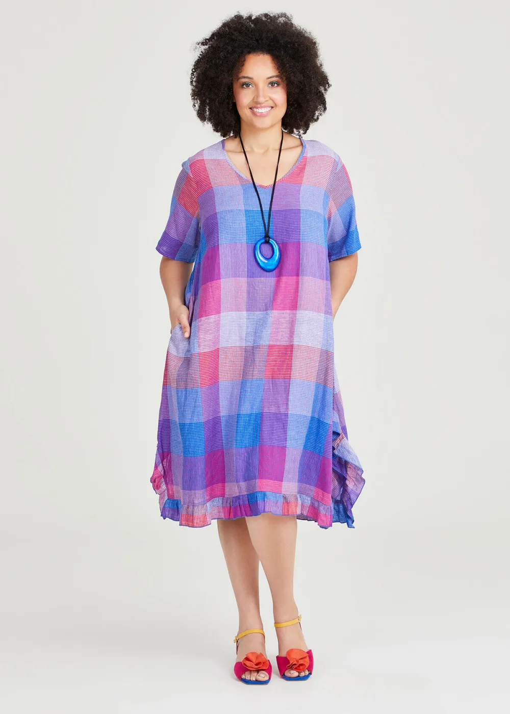 Linen Blend Plaid Dress
