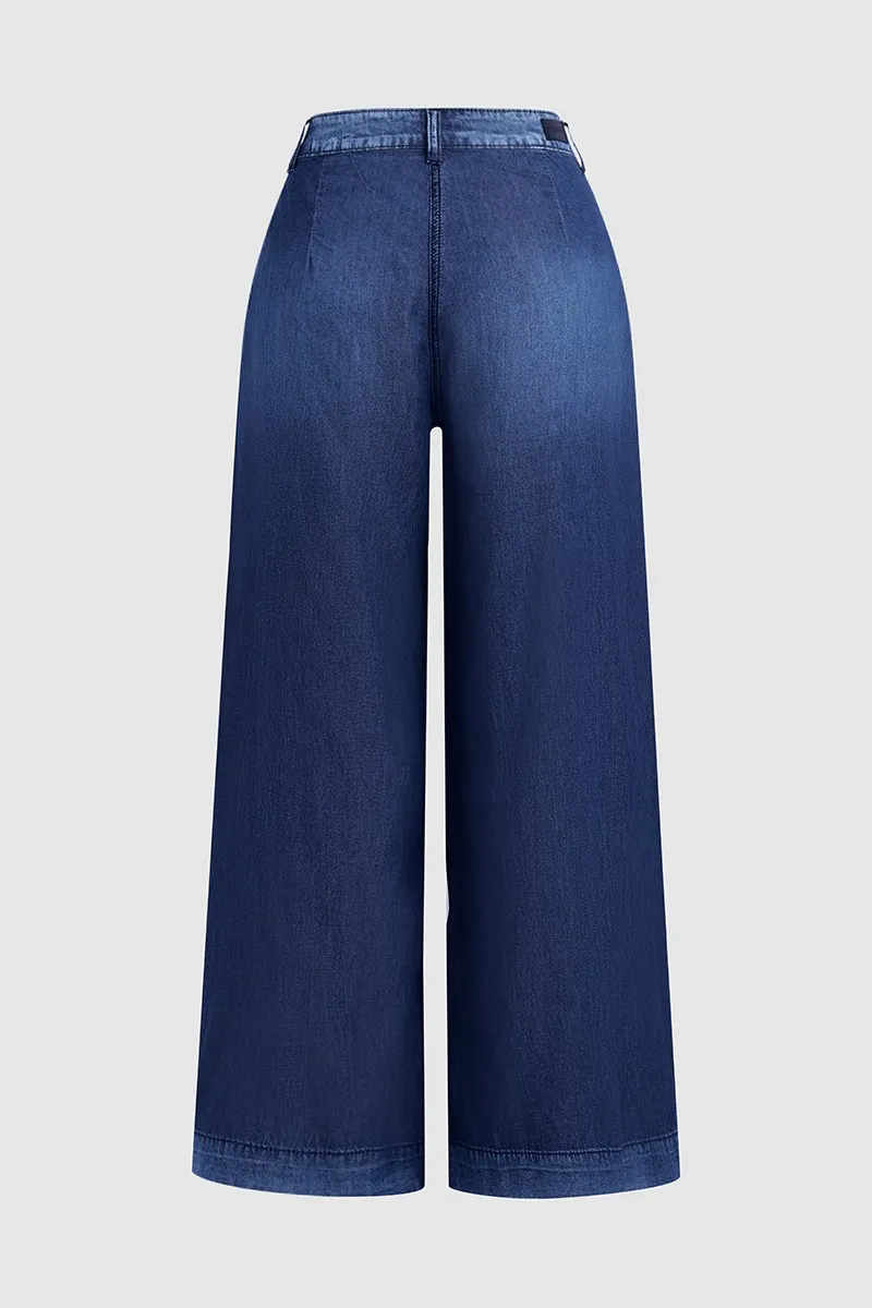 Wash Pleated Detail Wide Leg Mid Rise Jeans