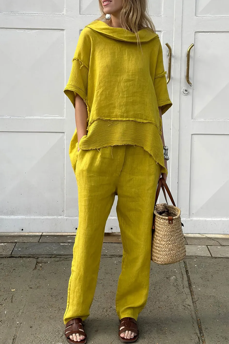 Women'S Casual Cotton And Linen Top And Pants Two-Piece Set