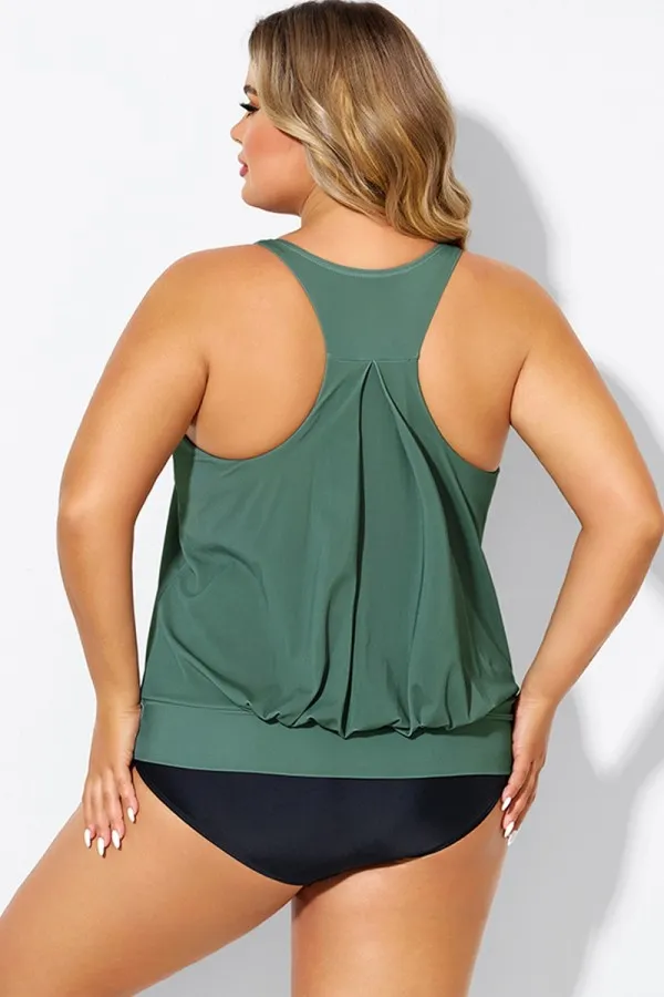 Army Green Racerback Tummy Control Blouson Tankini Top