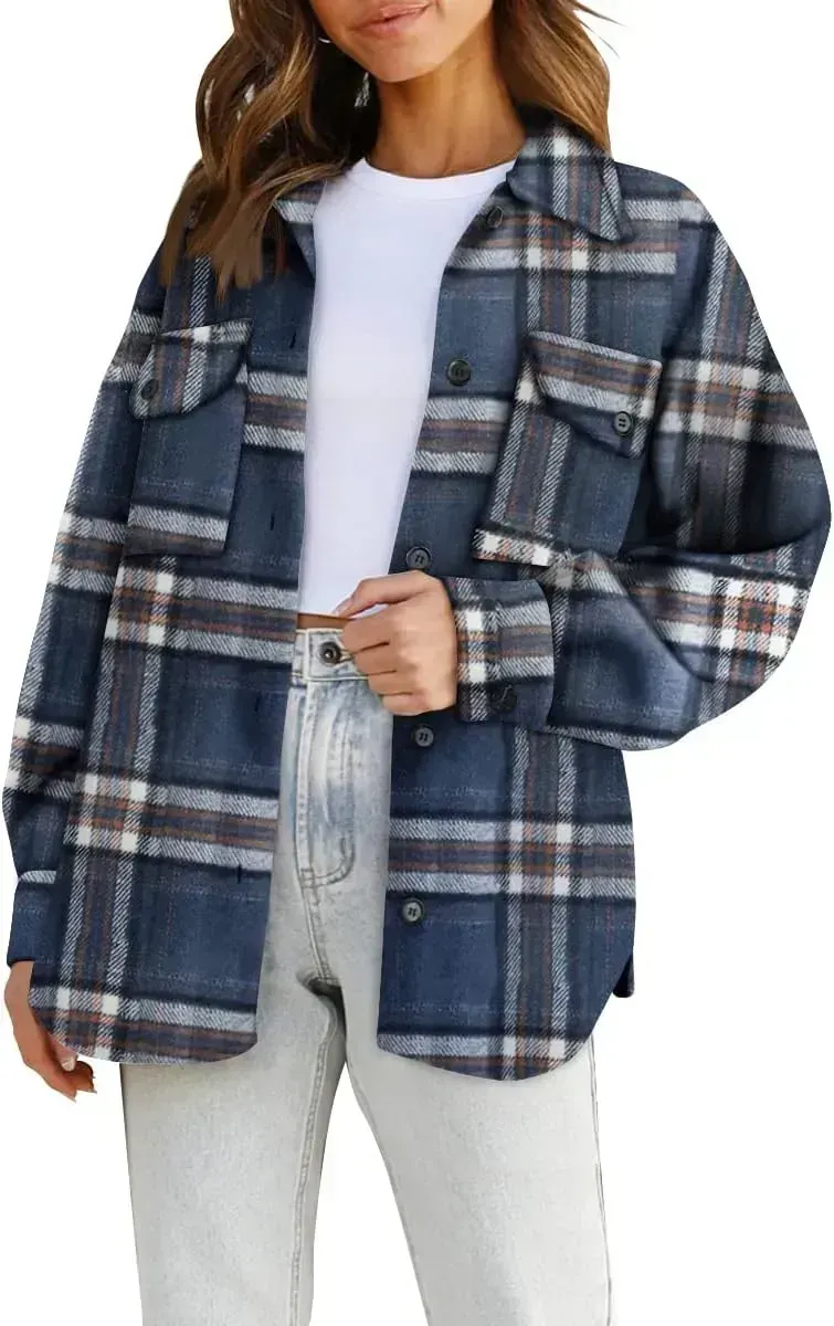 Womens Casual Plaid Shacket Button Down Long Sleeve Shirt