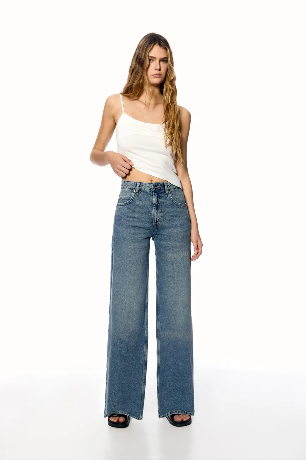 Jeans wide leg tiro alto