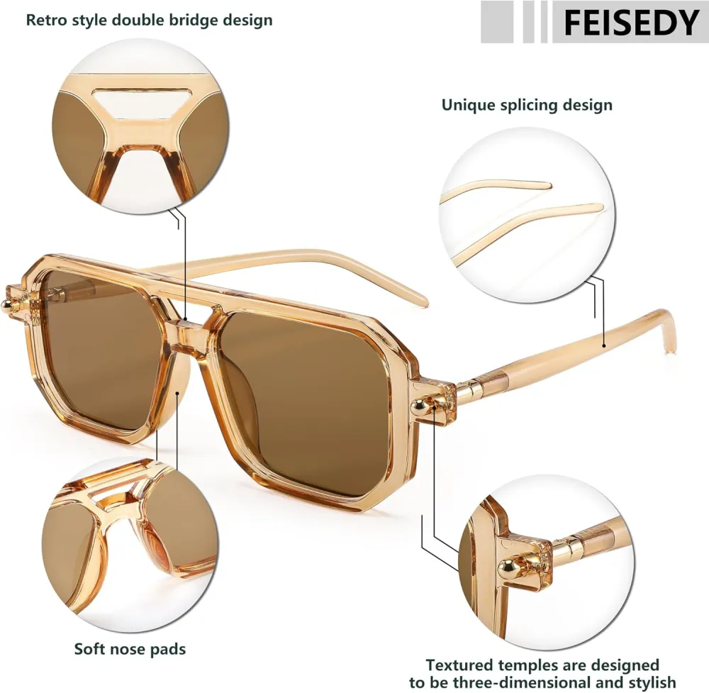 FEISEDY Vintage Square 70s Flat Aviator Sunglasses Women Men Classic Retro Stylish Frame UV400 Sunglasses B2622