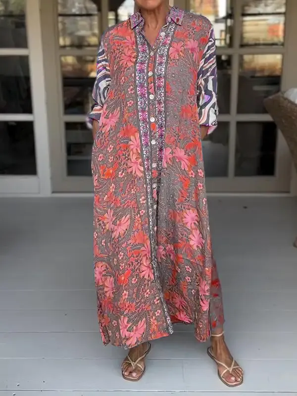 Women Sundress Boho Casual Lapel Loose Printed Dress