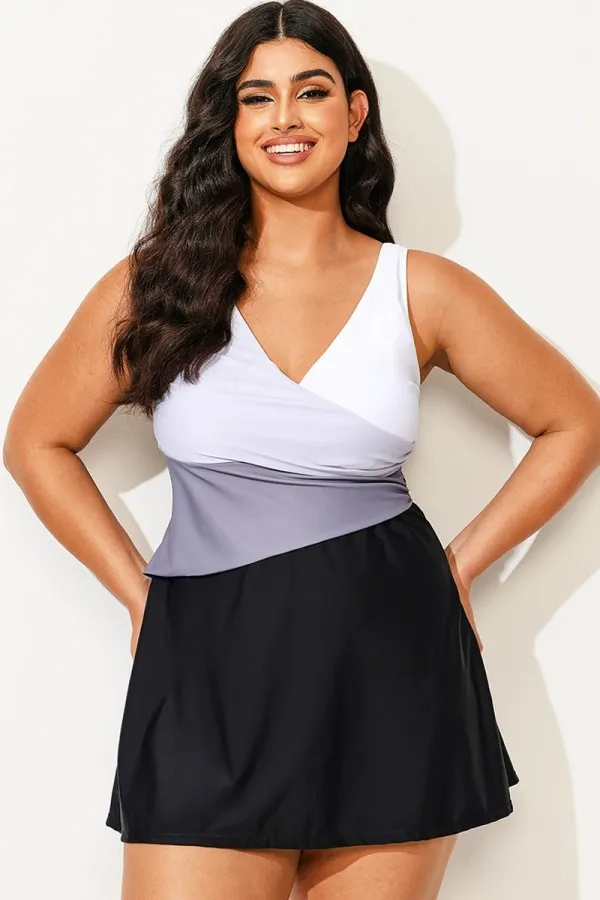 Plus Size Black & White V-Neck Colorblock Fit Swimdress
