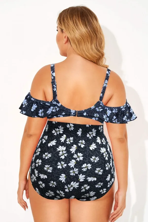 Black Floral Ruffled Underwire Women Bikini Top