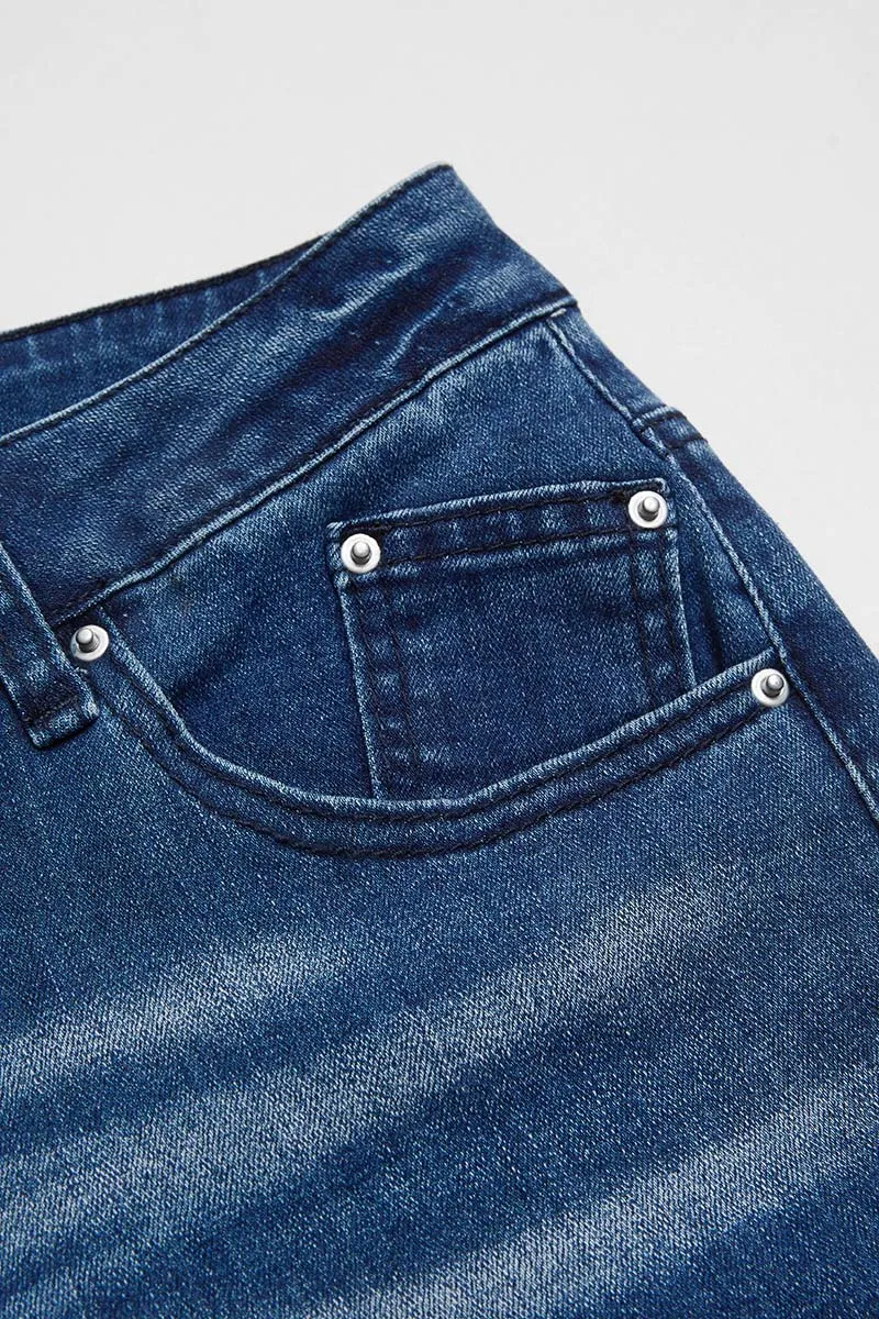Wash Raw Roll Hem Wrap Mid Waist Straight Leg Jeans