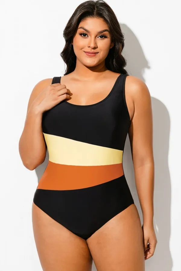 Plus Size Patchwork Push Up One Piece Swimsuit