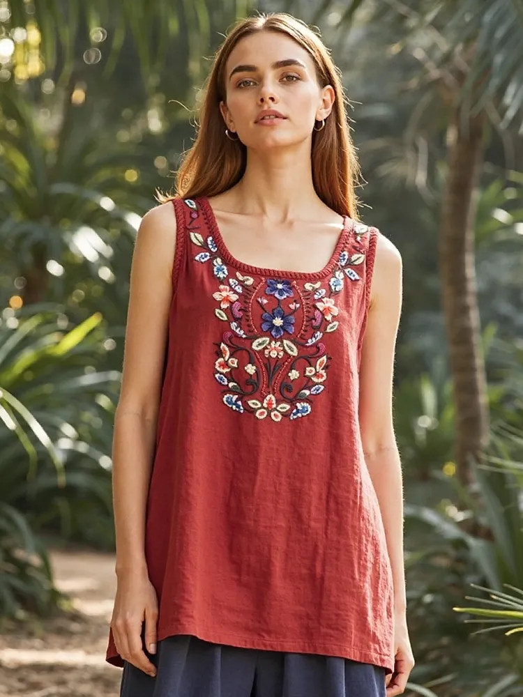Women's Bohemian Ethnic Floral Linen Top
