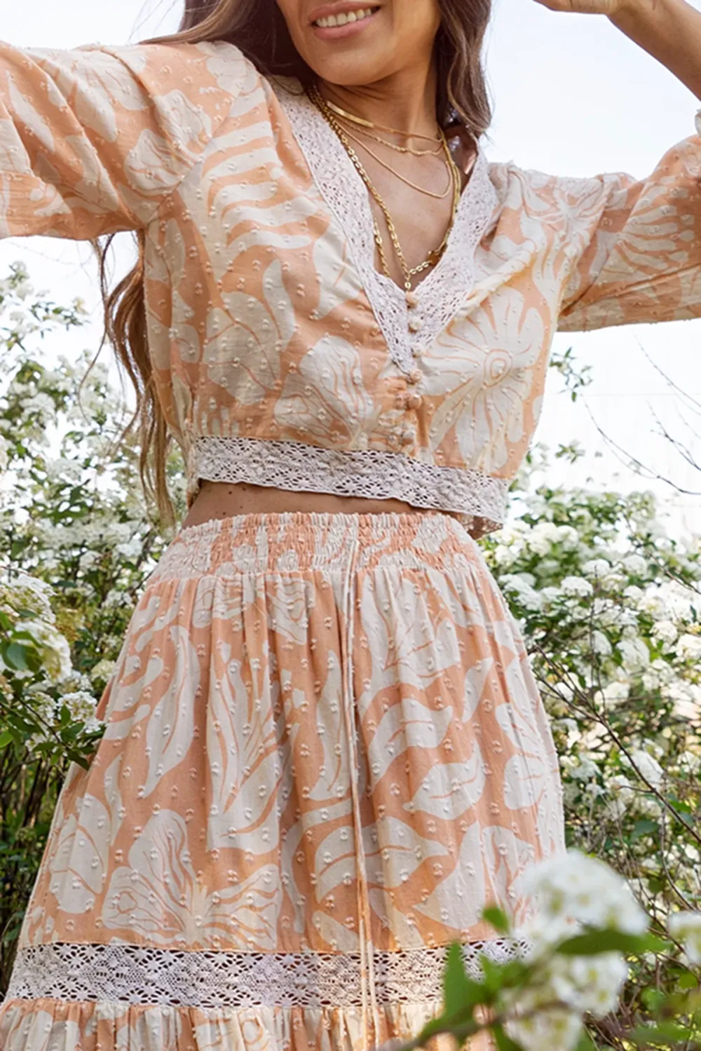 Peach Toned Floral Print Ruffled Maxi Skirt