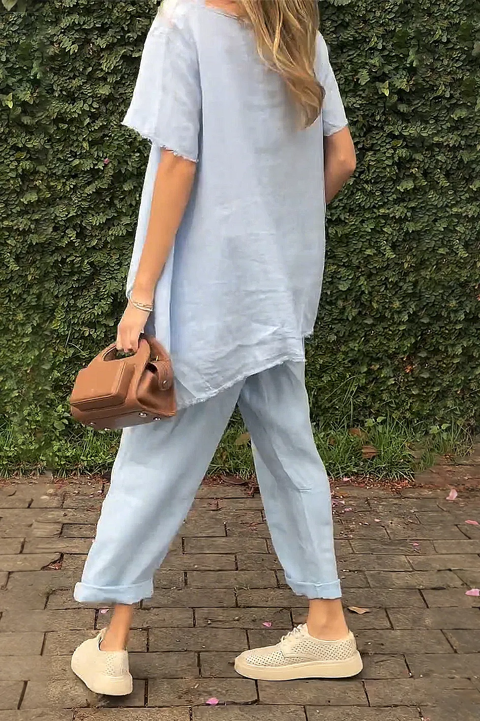 Women'S Solid Color Cotton And Linen Casual Top And Pants Two-Piece Set