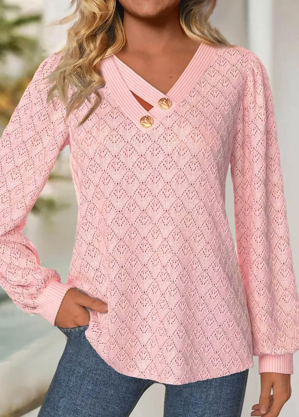 Light Pink Jacquard Long Sleeve V Neck T Shirt