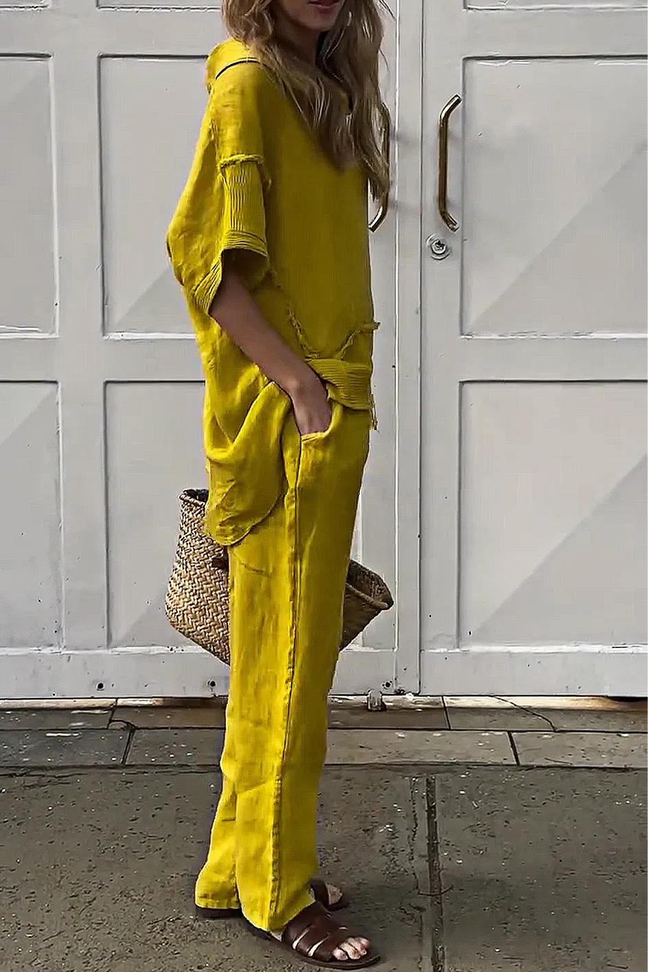 Women'S Casual Cotton And Linen Top And Pants Two-Piece Set