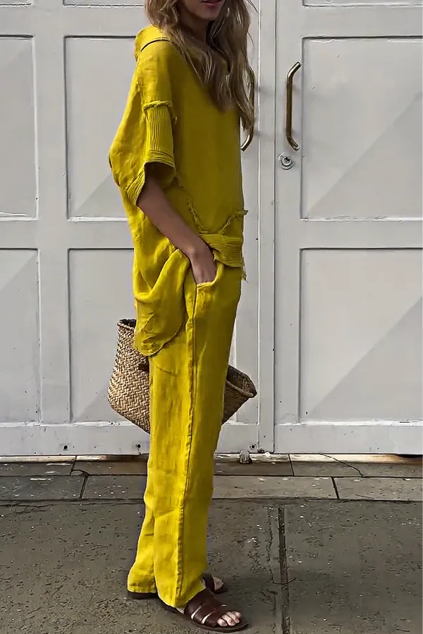 Women'S Casual Cotton And Linen Top And Pants Two-Piece Set