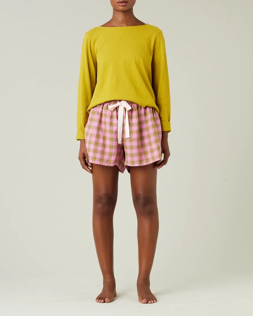 SHORTS PINK & OLIVE CHECK LINEN