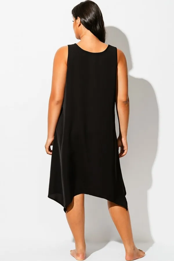 Solid Black Round Neck Sharktail Beach Cover Up