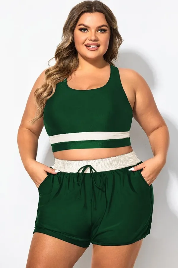 Plus Size Round Neck Colorblock Patchwork Bikini Top